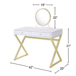 English Elm Rectangular Modern Vanity Desk with Mirror, 2 Drawers & Jewelry Tray — White Gold Accent, Spacious Storage B016P317482