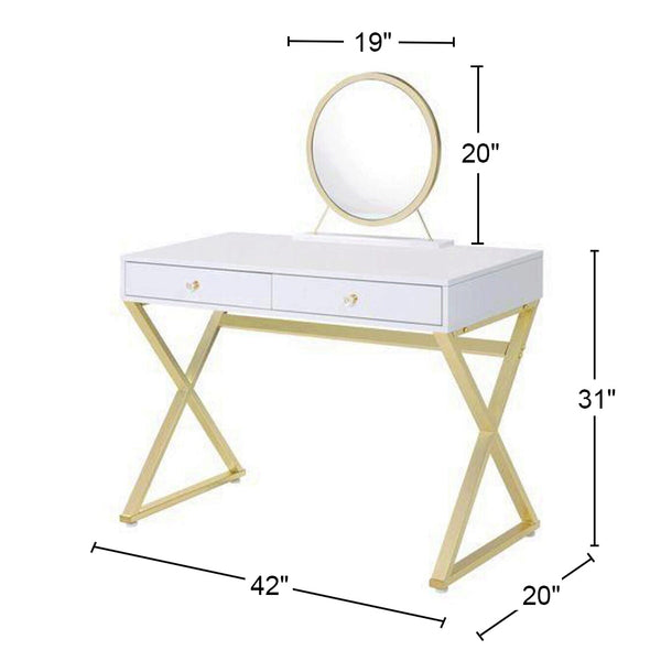 English Elm Rectangular Modern Vanity Desk with Mirror, 2 Drawers & Jewelry Tray — White Gold Accent, Spacious Storage B016P317482