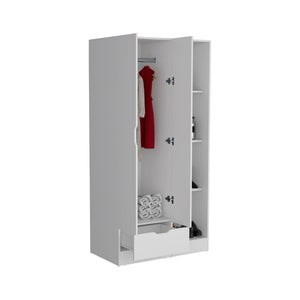 English Elm Memphis Wardrobe Armoire with Double Doors, Built-In Rod, Four Shelves & Spacious Lower Drawer White 40 L x 23 W x 3 H B200S00285