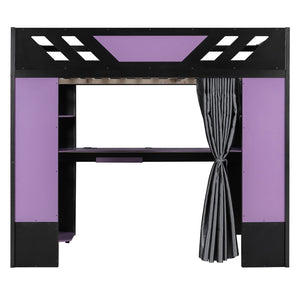 English Elm Full Size Loft Bed with Desk Blackout Curtains Rgb Lighting and Integrated Storage Purple+Black LT000377AAI