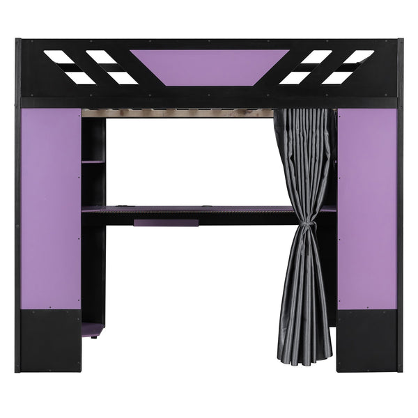 English Elm Full Size Loft Bed with Desk Blackout Curtains Rgb Lighting and Integrated Storage Purple+Black LT000377AAI
