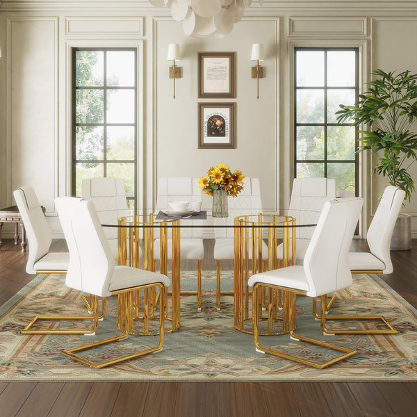 English Elm Table and Chair Set 8 Seater Oval Glass Dining with Glamorous Gold Base Modern Luxe Transparent,White+Gold W1151S04725
