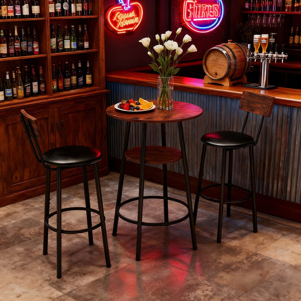 English Elm 3 Piece Bar Height Dining Set with Two Tier Storage and Pu Upholstered Stools Rustic W3204P428254