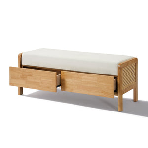 English Elm Upholstered Storage Bench with Pe Rattan Panels Oak Rubberwood Legs Boho Accent N757P257636I