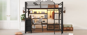 English Elm Queen Size Loft Bed With Desk & Led Lighting - Stylish Metal Bed With Storage & Workstation For Small Spaces W2593S00041-GIGA