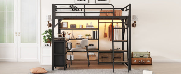 English Elm Queen Size Loft Bed With Desk & Led Lighting - Stylish Metal Bed With Storage & Workstation For Small Spaces W2593S00041-GIGA