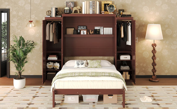 English Elm Full Full Size Murphy Bed with Two Wardrobes and Foldable Platform, Space-Saving Modern Guest Solution Walnut 84.9 L x 12 W x 7 H N733S235596D