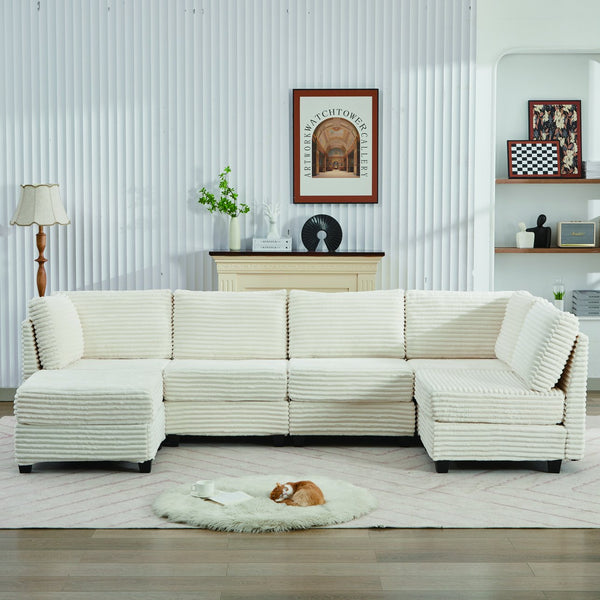 English Elm Corduroy Plush U-Shaped Sectional Sofa with Storage Ottoman, Pet-Friendly Durable Modular Comfort Beige W2915S00062