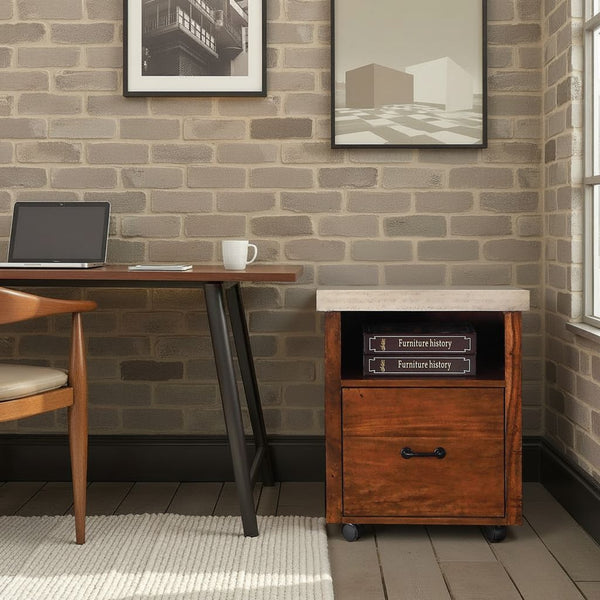 English Elm Steampunk Rolling File Cabinet with Faux Concrete Top for Industrial Home Office B108P481216