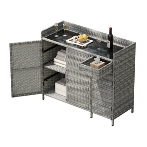 English Elm K&k Outdoor Wicker Bar Cabinet with Tempered Glass Top Adjustable Shelving and Drawer Grey N707P233745G
