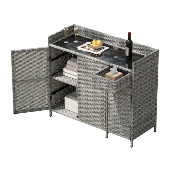 English Elm K&k Outdoor Wicker Bar Cabinet with Tempered Glass Top Adjustable Shelving and Drawer Grey N707P233745G