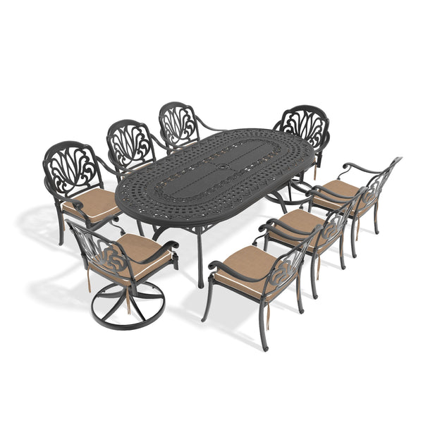 English Elm 9-Piece All-Weather Cast Aluminum Dining Set With Swivel Chairs & Cushions - Perfect For Patio Fun! W1710S00471