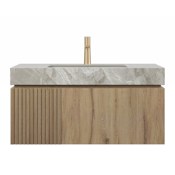 English Elm MURI Modern Wall-Mounted Vanity with Sintered Stone Top and Ceramic Basin, Plywood Cabinet, 39" Light Gray,White Oak W2615S00338
