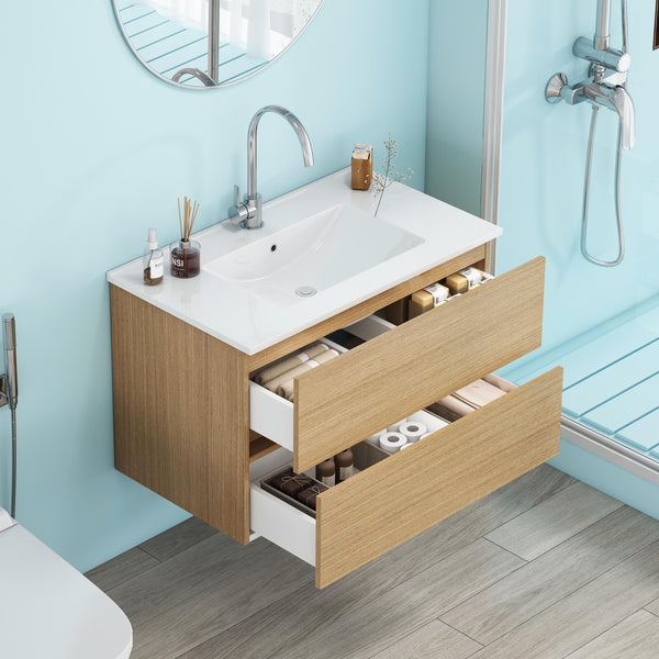 English Elm 32-Inch Wall-Mounted Bathroom Vanity With Soft-Close Drawers, Ceramic Sink & Modern Design Finish W3151S00041