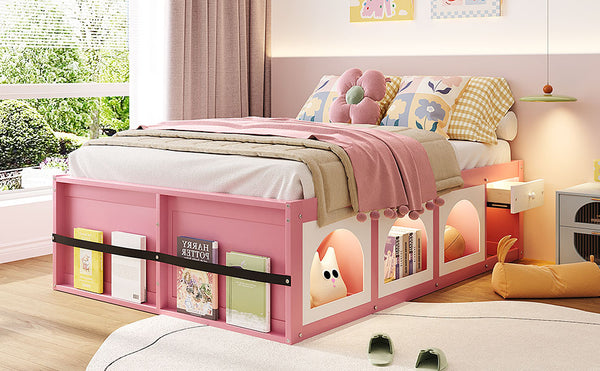 English Elm Full Size Kids Platform Bed with Led Lighting Bookshelf Display Cabinet and Storage Drawer Pink+White N820S00077H
