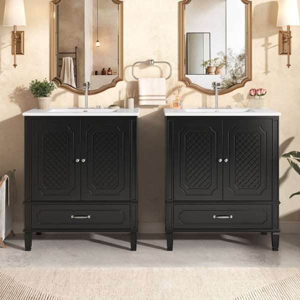 English Elm Christopher Knight Home® - 60" Bathroom Vanity Double Sink Freestanding Set with Ceramic Tops, Ample Adjustable Storage Black N759S313313B
