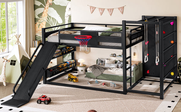 English Elm Twin Metal Loft Bed with Slide Basketball Hoop Climbing Wall and Built-in Shelves W1580S00343