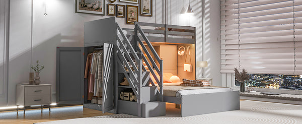 English Elm Twin Over Full Bunk Bed with Wardrobe Storage Stairs Shelves and Usb Charging Gray LT000292AAE