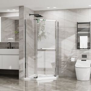 English Elm Goodyo Neo-Angle Frameless Shower Door with Acrylic Base 36"x36"x72" Tempered Glass Pivot System Chrome W1223S00025