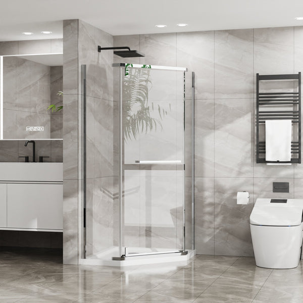 English Elm Goodyo Neo-Angle Frameless Shower Door with Acrylic Base 36"x36"x72" Tempered Glass Pivot System Chrome W1223S00025