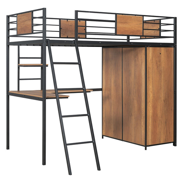 English Elm Twin Loft Bed with L-Shaped Desk and Wardrobe — Space-Saving Iron & Wood Design for Study & Storage Black SF000168AAB