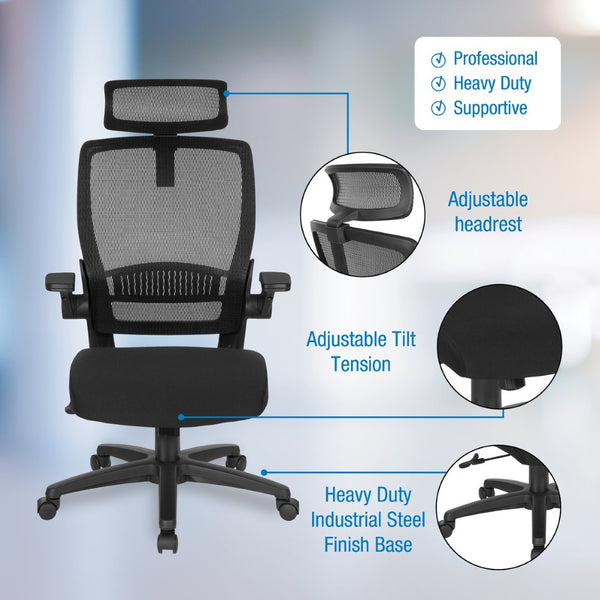OSP Home Furnishings Mesh Back Ergonomic Manager Chair with Adjustable Headrest Lumbar Support for Home Office EM65151HR-3