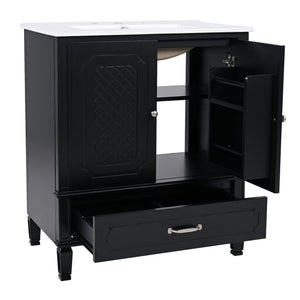 English Elm Christopher Knight Home® - 30" Bathroom Vanity with Sink Vintage Acacia Frame Ceramic Basin Soft-Close Doors & Storage Black N759P313313B
