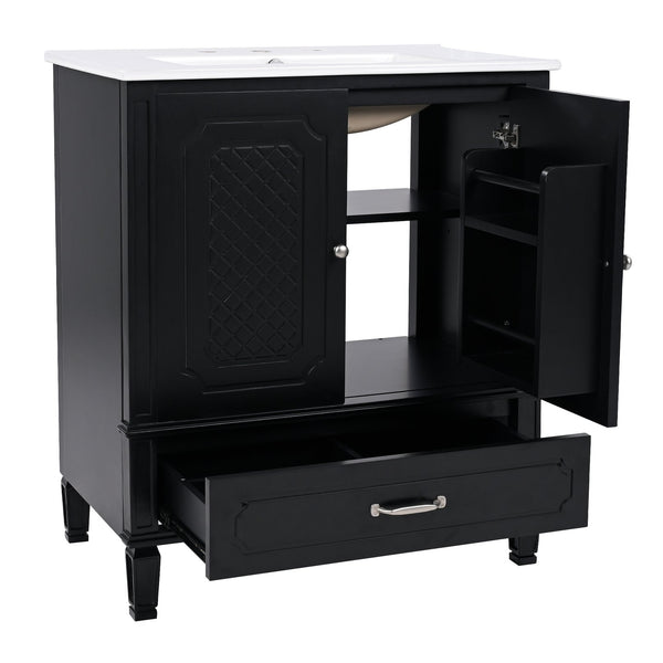 English Elm Christopher Knight Home® - 30" Bathroom Vanity with Sink Vintage Acacia Frame Ceramic Basin Soft-Close Doors & Storage Black N759P313313B