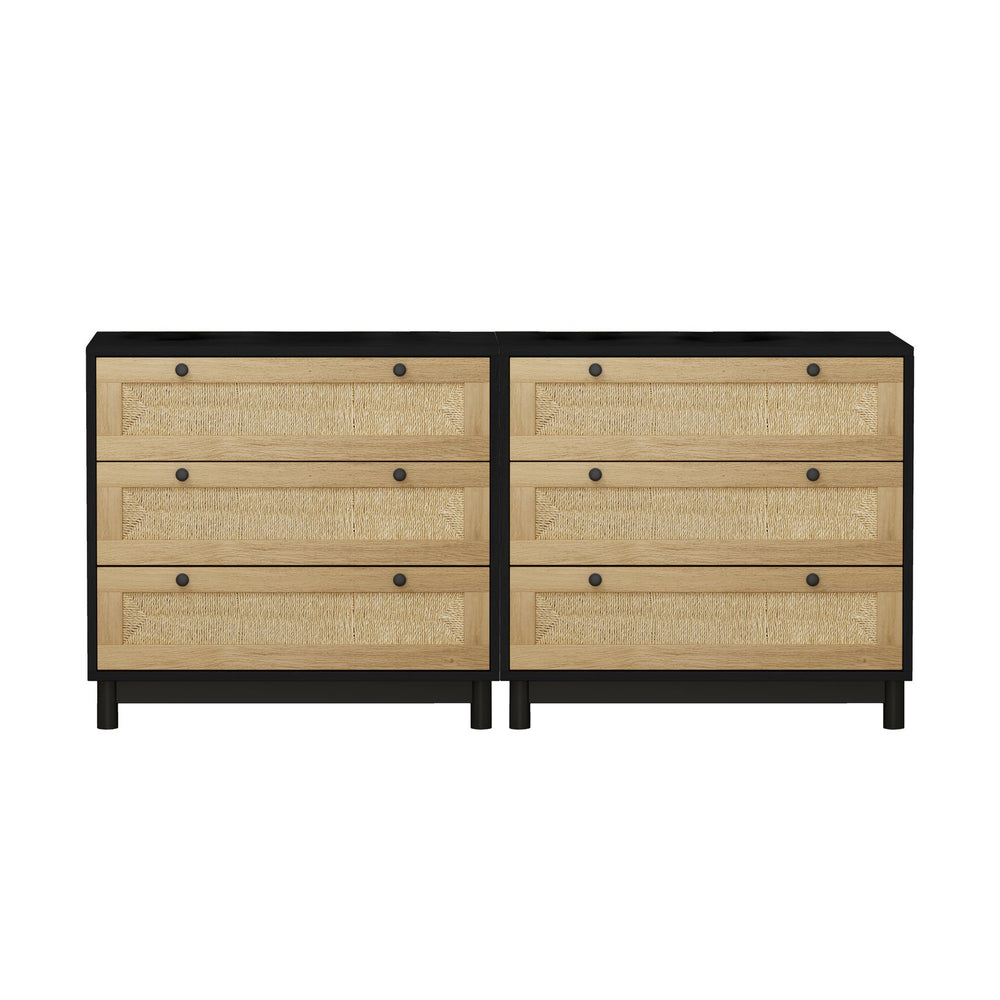English Elm 3-Drawers Storage Cabinet Set Of 2 - Stylish Rope Woven Fronts For Modern Bedroom & Living Room Use W757S00033