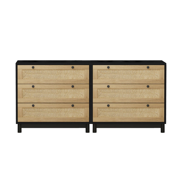 English Elm 3-Drawers Storage Cabinet Set Of 2 - Stylish Rope Woven Fronts For Modern Bedroom & Living Room Use W757S00033