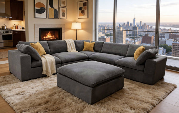 English Elm Coffee Bean Basket Weave Modular Sectional Foam Compressed with Toss Pillows Included Light Gray B2748S00069