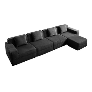 English Elm Modular 4-Seat L-Shaped Sectional Sofa In Black Corduroy - Cloud-Like Comfort With Ottoman & Pillows W3041S00328