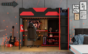 English Elm Full Size Loft Bed with Rgb Lighting Usb Charging Desk Wardrobe and Storage Shelves Red LT000387AAJ