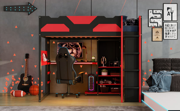 English Elm Full Size Loft Bed with Rgb Lighting Usb Charging Desk Wardrobe and Storage Shelves Red LT000387AAJ
