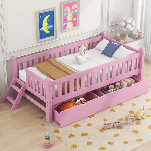 English Elm Wood Twin Platform Bed with Guardrail, Solid Pine Construction, 2 Underbed Drawers for Storage and Playroom Space Pink N709P242145H