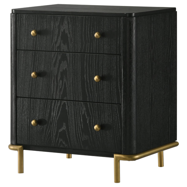 English Elm Anser Black 3-Drawer Nightstand with Wire-Brushed Finish, Gold Legs & Ball Knobs — Elegant Storage Solution B062P299882