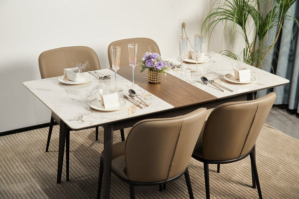 English Elm The Rock Plate Extendable Dining Table Seats 8 with Sculptural Metal Base W1911P389401