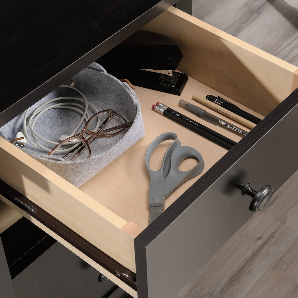 English Elm L-Shaped Desk - Stylish Black Finish With Spacious Surface, Storage Drawers & Cord Management For Efficiency B356P367875