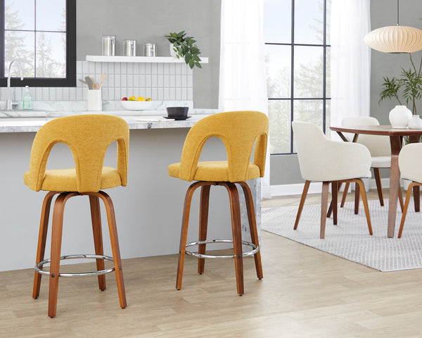 English Elm Fixed-height Swivel Counterstools Walnut Bentwood Legs Yellow Upholstery Chrome Footrest Pair B202S01797