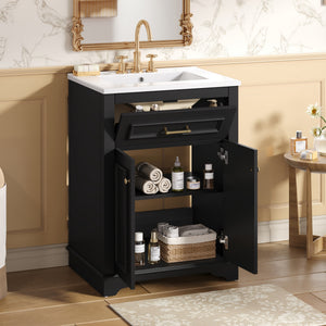 English Elm 24" Matte Single Sink Vanity Solid Poplar Frame Gold Hardware Soft Close Cabinet Black N710P389449B