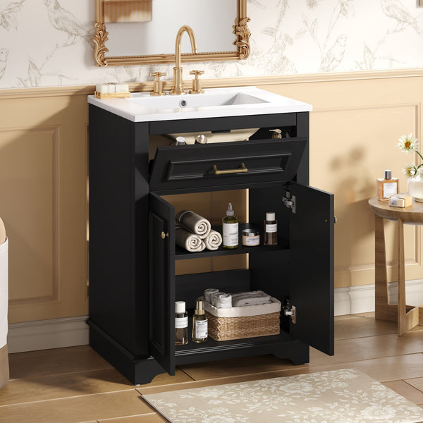 English Elm 24" Matte Single Sink Vanity Solid Poplar Frame Gold Hardware Soft Close Cabinet Black N710P389449B