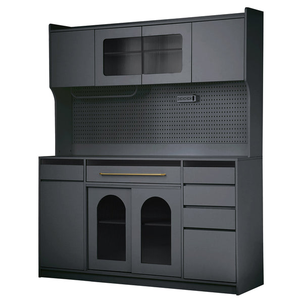 English Elm (assembly Required) Topmax 63w Matte Black Buffet Hutch with Pegboard and Power Outlet N717S000079B