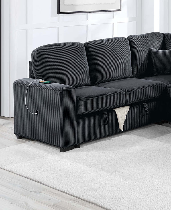 English Elm Modern Corduroy 4-piece Sectional with Storage Pull Out Bed and Usb Charging Port Black B011S02180