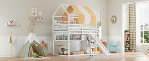English Elm Full Size Wood Loft Bed with Canopy Slide and Built in Bookshelves for Kids White N7090005021K