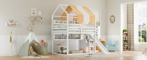 English Elm Full Size Wood Loft Bed with Canopy Slide and Built in Bookshelves for Kids White N7090005021K