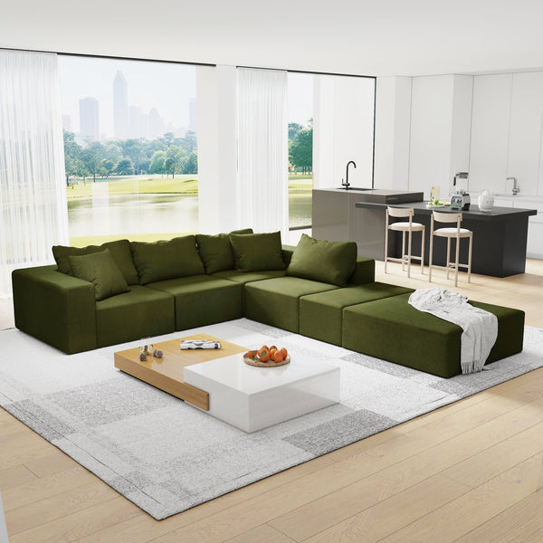 English Elm Modern Upholstered Sectional Sofa Set, Modular 132" L-Shaped Chenille Couch, No Assembly, Plush Comfort and Versatile Configuration Green W834S00373
