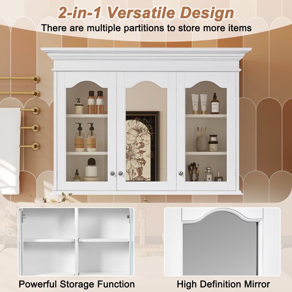 English Elm 40" Medicine Cabinet with Mirror, 6 Adjustable Shelves, Wall-Mounted Bathroom Organizer, White Modern Design N710P264317K