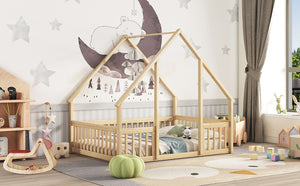 English Elm Full House-Shaped Floor Bed with Fence and Guardrails, Pine Wood Play Loft for Imaginative Kids Retreat Natural W504P143295
