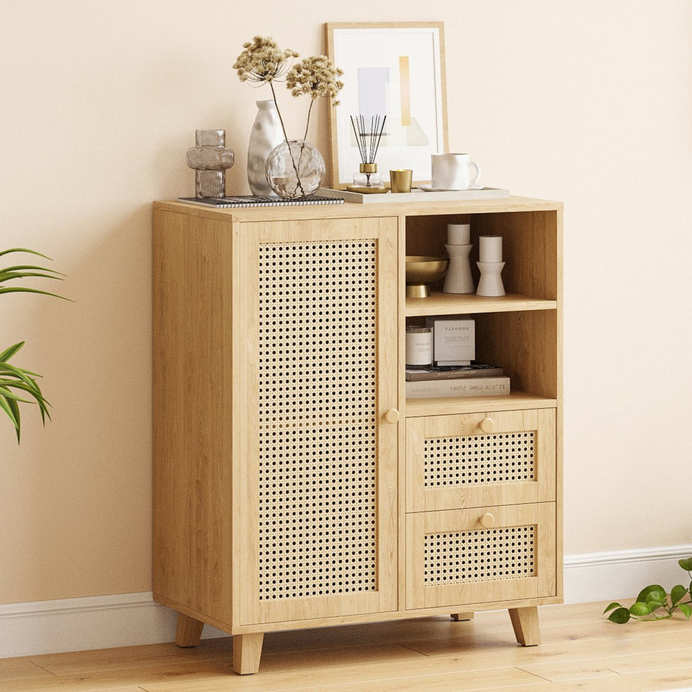 English Elm Rattan Cane Front Sideboard with Drawers Adjustable Shelf Bohemian Storage Cabinet Natural T3623P434728