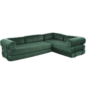 English Elm U_style Modular Corduroy Sectional Sofa Converts to Guest Bed for Apartment Living Green WY000463AAC